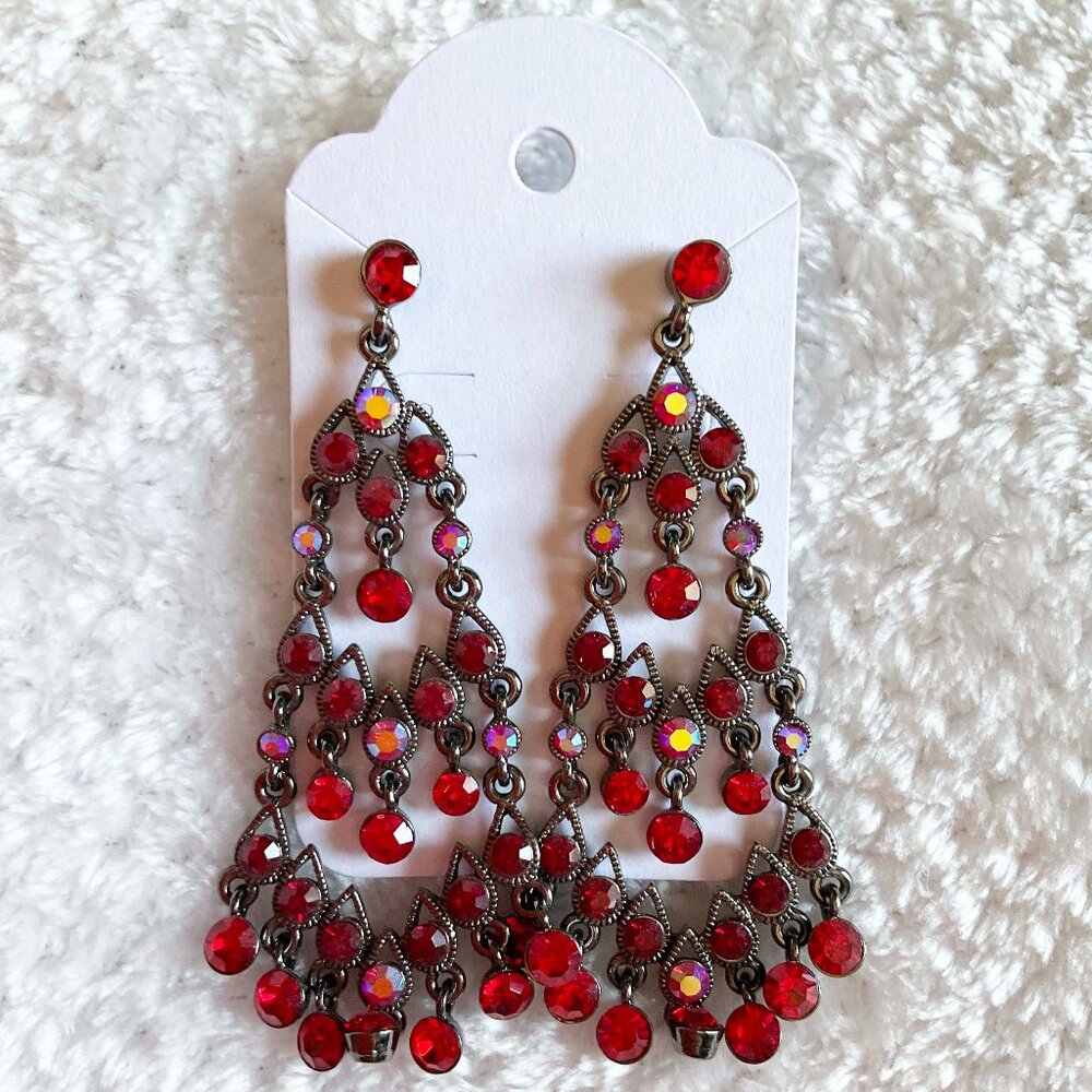 Romantic Goth Jeweled Earrings in Dark Chrome and Vampire Blood Red Crystals